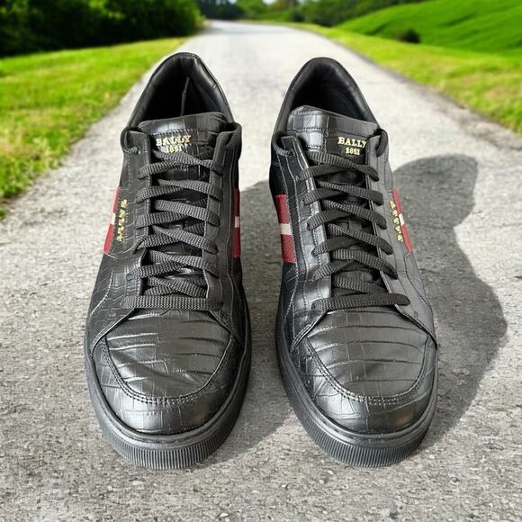 Bally Men’s Black Crocodile Embossed Leather Lace Up Low Top Sneakers Size 12D